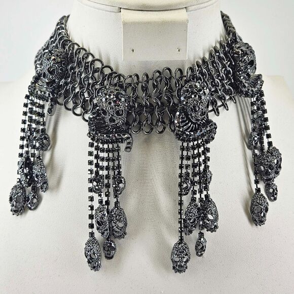 Statement Skeleton Skull Goth Necklace Choker Black crystal Halloween